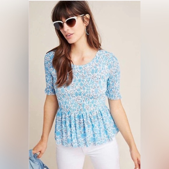 Maeve Tops - Maeve Anthropologie Ashton Smocked Peplum Blouse Cottagecore Peasant Floral